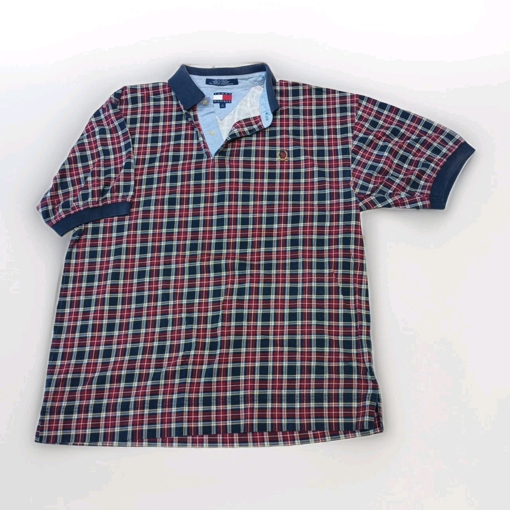 Vintage Tommy Hilfiger Shirt Men's Large Plaid Cotton Polo Crest Logo 90s